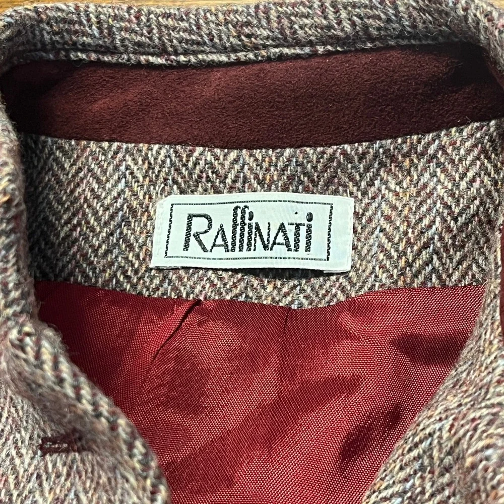 VINTAGE Raffinati Wool Blazer 8 Gray Burgundy Herringbone Lined Canada Trim